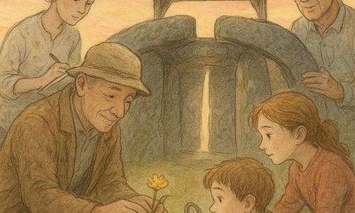 Een man (Thomas), zacht gelaat met lachrimpels, draagt een beige stoffen hoed en versleten jas; hij knielt bij een kleine ronde met mos bedekte steen, handen erop, blik kalm en ontroerd, en legt voorzichtig een wilde bloem naast de steen. Een jonge vrouw (Mira, studente), circa 22 jaar, haar in een knot, met een aarde vlekkerige blouse, staat op enkele stappen achter Thomas met een open schetsboek en tekent geconcentreerd. Een oude dorpsman, gebruinde huid en kort wit haar, staat rechts van Thomas met een hand op de rand van de plaat en vochtige ogen. Twee kinderen — een meisje van 9 en een jongen van 7 — hurken vooraan met een loep, verwonderd en kijkend zonder de steen aan te raken. Plaats: een oud halfrond observatorium op een heuvel, ringen van grijze, met korstmos bedekte stenen, een smalle spleet laat een gouden zonnestraal vallen op de ronde plaat met motieven. Sfeer: zachte avondzon, roze-oranje lucht, wuivend hoog gras, enkele kleine tenten en een tijdelijk houten dak dat de plek beschermt; een gedeelde, respectvolle en rustige ceremonie om de steen te beschermen — langzame gebaren, aandachtige blikken, een bloem neergelegd en verenigde handen om de plek intact te bewaren.