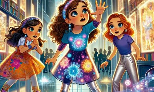 Drei 10-jährige Mädchen stehen in einer futuristischen Bibliothek: 1. **Mia** hat lockige braune Haare und trägt ein buntes Kleid mit leuchtenden Blumenmustern. Sie schaut fasziniert auf einen großen holographischen Bildschirm, der Bilder der Stadt zeigt. 2. **Lila** hat glattes blondes Haar und trägt ein blaues T-Shirt mit silberner Hose. Sie drückt einen Knopf an einer Glaswand, wodurch sich eine geheime Tür öffnet. 3. **Zoe** hat rote Haare und trägt einen lila Overall. Sie steht neben einem geheimnisvollen leuchtenden Kristall, fasziniert von dem Licht, das er ausstrahlt. Der Ort ist eine majestätische Bibliothek mit transparenten Glaswänden, die Sonnenlicht hereinlassen und farbige Reflexe auf den Boden werfen. Regale voller futuristischer Bücher reichen bis zur Decke, und Hologramme schweben herum, was der Umgebung einen magischen Touch verleiht. Die Hauptsituation zeigt die drei Freundinnen, die ein unglaubliches Geheimnis entdecken: eine Tür, die sich zu einer futuristischen Welt öffnet, in der sie ihre Stadt Glitzerstadt sehen können, verwandelt in einen noch wunderbaren Ort voller hängender Gärten und erstaunlicher Technologien.