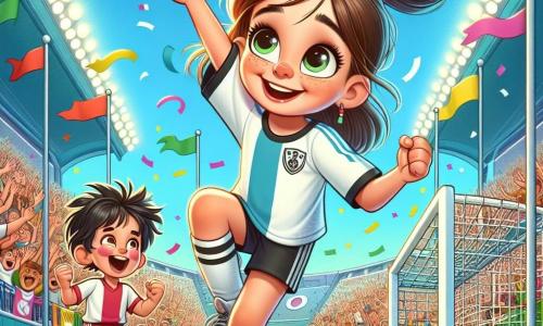 Una niña, Sofía, de unos 12 años, con el pelo castaño recogido en una coleta, lleva un uniforme de fútbol azul y blanco. Sonríe ampliamente, con los ojos brillantes de emoción, tras marcar un gol decisivo. A su lado, un niño de 10 años, Luis, con el pelo negro desordenado y una camiseta de fútbol roja, salta de alegría levantando los brazos, su rostro radiante de orgullo. El escenario es un gran estadio soleado, lleno de espectadores entusiastas, con pancartas de colores flotando en el aire y banderas agitando al viento. Al fondo, se ve un campo de fútbol verde brillante, con líneas blancas bien marcadas y porterías de metal. La escena principal muestra a Sofía celebrando su gol, rodeada de sus compañeras que la aplauden, mientras el público aplaude y grita de alegría. La atmósfera es vibrante y llena de energía, capturando el momento mágico de un sueño hecho realidad.