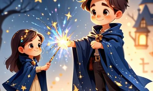 En el centro de la imagen, Lucas, un joven mago de diez años con cabello castaño desordenado y ojos llenos de curiosidad, sonríe maravillado. Lleva una túnica de mago azul oscuro adornada con estrellas doradas y sostiene una varita mágica brillante en su mano derecha, listo para lanzar un hechizo. A su izquierda, Emma, una niña de diez años con cabello pelirrojo y pecas, crea chispas de fuego en su palma, su rostro radiante de determinación. A su derecha, Tomás, un niño de doce años con cabello negro y ojos oscuros, murmura palabras suaves a un pequeño animal mágico que se acurruca contra él, mostrando una expresión tranquila y concentrada. El escenario es un jardín encantador de la Academia de Hechicería de Eldoria, lleno de flores multicolores que bailan al viento, grandes árboles con troncos retorcidos y una luz dorada filtrándose a través de las hojas. En el fondo, la majestuosa academia de piedra se alza, con sus torres esbeltas tocando el cielo. La escena muestra a Lucas, Emma y Tomás preparándose para el Desafío de los Elementos, un evento mágico en el que deben unir sus fuerzas para superar pruebas fantásticas, ilustrando el espíritu de equipo y la magia que los rodea.