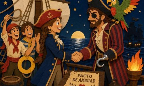La capitana Marisol, mujer sonriente y valiente con trenzas, sombrero rojo de capitán, abrigo azul marino y botas de cuero, extiende la mano para sellar un pacto; el capitán Garfio, hombre de aspecto severo suavizado, con barba corta, parche en el ojo, chaqueta a rayas y garfio brillante, le estrecha la mano en cubierta; Roco, loro pequeño verde y rojo en el hombro de Garfio con alas medio abiertas grita ¡Amigos!; al fondo a la izquierda dos marineros jóvenes, uno con larga bufanda roja lanzando cabos y otro con un salvavidas amarillo aplaudiendo; lugar: cubierta de madera de un gran tres palos iluminada por una antorcha y una linterna, con cabos, toneles y el palo con velas blancas; fondo: mar negro brillante bajo cielo estrellado, luna baja y la silueta de otro barco aliado a estribor, pequeñas estrellas como confeti; escena principal: firma de un pacto de amistad al anochecer, ambiente cálido y festivo, colores contrastados (azul noche, rojo, amarillo), formas simples, textura de papel y siluetas nítidas y expresivas.