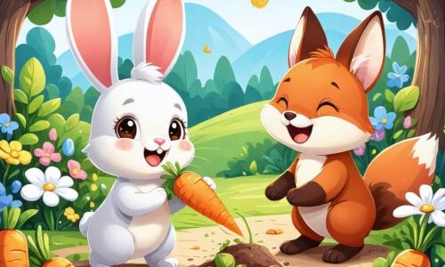 Ein kleiner Hase mit großen Ohren und weichem, seidig glänzendem Fell, dessen Augen vor Neugier funkeln, hüpft fröhlich in einem bunten Garten, umgeben von leuchtenden Karotten und strahlenden Blumen. Neben ihm gräbt ein Maulwurf mit braunem Fell und kleinen Pfoten, der schelmisch lächelt, begeistert den Boden auf der Suche nach versteckten Schätzen. Weiter weg nähert sich ein lebhaft rötlicher Fuchs, mit einem schelmischen Blick, der eine Karotte auf der Nase balanciert und über die Situation lacht. Der Garten ist in goldenes Licht getaucht, mit Bäumen, die üppig grüne Blätter tragen, und einem blauen Himmel, der mit flauschigen weißen Wolken gesprenkelt ist. In dieser Szene entdecken der kleine Hase und seine Freunde mit Staunen, dass die Karotten, nach denen sie gesucht haben, tatsächlich im Garten versteckt sind, und sie bereiten sich darauf vor, ihren Fund mit einem großen, fröhlichen Fest zu feiern.
