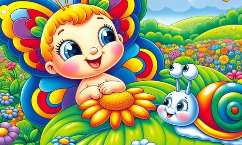 Una pequeña mariposa llamada Lili, con alas de colores rojo, amarillo y azul, vuela alegremente sobre un campo de flores brillantes, su rostro radiante de felicidad. Junto a ella, un caracol llamado Tito, con una concha brillante y una sonrisa dulce, avanza lentamente sobre una gran hoja verde, admirando las flores a su alrededor. El lugar es un magnífico campo primaveral, lleno de flores de colores vivos, bajo un cielo azul claro salpicado de nubes blancas y esponjosas. La escena principal muestra a Lili y Tito buscando tesoros en el campo, rodeados de la belleza de la naturaleza, compartiendo risas y momentos de alegría.