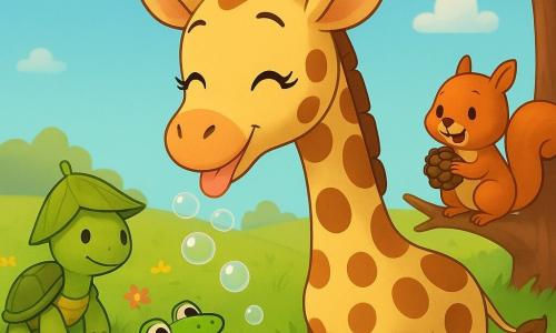Una giraffa gioiosa e maliziosa, con grandi macchie marroni e crema e lunghe ciglia, china il collo per bere da una piccola pozza scintillante sorridendo con lingua rosa che spruzza un filo d’acqua; a sinistra una piccola tartaruga tranquilla con un cappello di foglia osserva la pozza con le zampe sul bordo dell’erba; in primo piano una rana verde salta soffiando bolle traslucide verso il naso della giraffa; a destra uno scoiattolo rosso vivo con una grossa pigna è su un ramo basso e ride; il tutto in un prato soleggiato con erba corta, fiori colorati, qualche foglia che cade e un cielo azzurro con nuvole soffici, amici animali riuniti intorno alla pozza che ridono insieme in un’atmosfera giocosa e tenera.