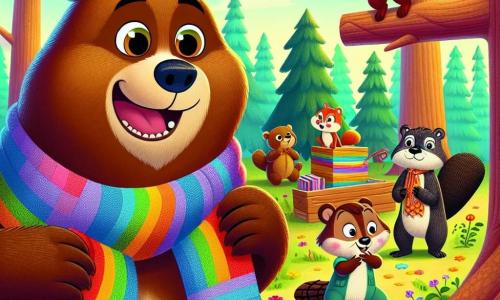Don Oso, un gran oso pardo con ojos brillantes de curiosidad, se encuentra en el centro de la escena con una amplia sonrisa maravillada. Lleva una bufanda de rayas coloridas que flota ligeramente en el viento, mientras observa con fascinación a un grupo de animales a su alrededor. Rita, la pequeña ardilla de pelaje rojizo y ojos vivos, está posada en una rama justo encima de Don Oso, mostrando una expresión traviesa y emocionada, sosteniendo una pequeña tira de papel de colores en sus patas. Bruno, el castor robusto con pelaje marrón oscuro y dientes blancos brillantes, está sentado al lado de Don Oso, decorando una gran caja de madera con guirnaldas de flores, mostrando una sonrisa cálida y amigable. El lugar es un claro soleado del Bosque Alegre, rodeado de majestuosos árboles de hojas verdes brillantes, con flores coloridas esparcidas por el suelo y un cielo azul claro salpicado de nubes blancas y esponjosas. La situación principal muestra a Don Oso y sus amigos preparando una gran fiesta sorpresa, con globos flotantes, guirnaldas coloridas y un ambiente alegre, lleno de risas y emoción.