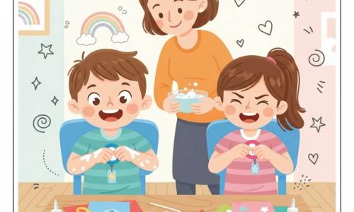 Bambino di 4 anni, viso rotondo, capelli castani corti, occhi brillanti e grande sorriso sorpresa, seduto su una sedia blu mentre incolla stelline su un distintivo blu con le mani un po' appiccicate dalla colla bianca; la sorella di circa 7 anni, capelli castani lunghi raccolti in coda, inizialmente concentrata poi ridens, tiene un distintivo rosa e ha le dita momentaneamente attaccate, a destra del bambino; la mamma dai capelli corti e sorriso dolce è in piedi dietro di loro con una ciotola d'acqua saponata pronta ad aiutare, leggermente inclinata verso il tavolo basso di legno chiaro coperto di carte colorate, forbici gialle a punte arrotondate, vasetti di colla, adesivi brillanti e qualche glitter; atmosfera calda e luminosa, pareti pastello con un arcobaleno e doodle di stelle e cuori; scena: attività creativa e divertente per fare distintivi con un piccolo incidente di colla e dita incollate, espressioni gioiose e colori vivaci.