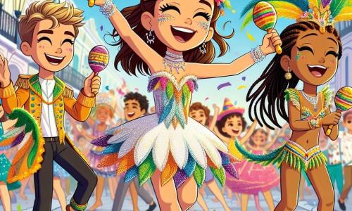 Clara, uma menina de 10 anos, está no centro da imagem, radiante e cheia de energia, vestindo um traje de carnaval brilhante feito de penas coloridas e lantejoulas cintilantes. Seus cabelos castanhos estão adornados com flores vibrantes, e ela dança com um grande sorriso, os braços levantados para o céu, expressando uma alegria contagiante. Ao seu lado, Lucas, um menino de 10 anos com cabelos loiros e olhos brilhantes, veste um traje de papel machê em forma de dragão. Ele ri enquanto agita maracas, um pouco atrás, admirando a dança de Clara. Bea, uma menina de 9 anos com tranças e um vestido feito de confetes, está jogando brilhos no ar, criando uma chuva de cores ao redor deles. A cena ocorre na rua principal da cidade, decorada com luzes e balões coloridos, onde grupos de pessoas dançam e cantam, cercados por flores e decorações festivas. O céu é de um azul vibrante, e o sol brilha, adicionando um toque mágico à atmosfera alegre. A situação principal mostra Clara, Lucas e Bea dançando animadamente, celebrando o carnaval com entusiasmo, cercados de cores vibrantes e risadas, incorporando o espírito da festa e da amizade.