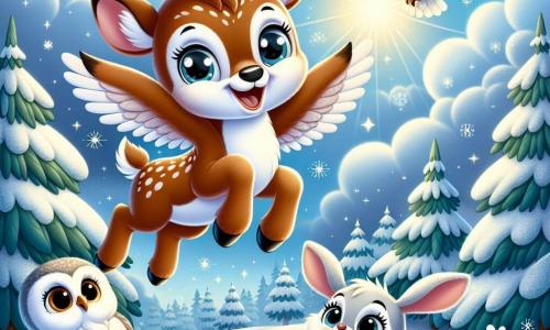 A reindeer named Rudy, with soft brown fur, big sparkling eyes, and a shiny red nose, joyfully flies in the blue sky, a wide smile on his face. Next to him, a wise owl with white and gray feathers perches on a tree branch, watching proudly, while a small rabbit with big ears and white fur hops on the ground, eyes wide with wonder. The setting is an enchanting winter landscape, with snow-covered fir trees, gently falling snowflakes, and a golden sun illuminating the sky. The scene shows Rudy soaring through the air, surrounded by his friends, celebrating his ability to fly as they sing joyfully, creating an atmosphere of magic and friendship.