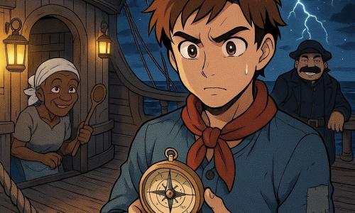 Man: Milo Drake, about 30, focused curious expression, furrowed brows, holding an open brass compass to his chest; worn blue-gray sailor clothes, red scarf, short wind-tousled chestnut hair. Secondary man: Captain Brine, about 45, broad and portly, bushy mustache, smirking, standing behind Milo on the wooden deck with one hand on the rail, long black coat billowing. Secondary woman: Old Nessa, about 60, wrinkled skin and mischievous eyes, holding a wooden ladle near the ship's galley to the left, watching Milo amusedly. Location: wooden deck of the old ship Laughing Gull, grooved planks, thick rigging and masts, yellow lanterns swinging, starry night sky with storm clouds and distant lightning. Main scene: Milo centered on deck, compass needle spinning oddly, warm lantern glow mixed with blue storm reflections, atmosphere of adventure and mystery, dark waves lapping the hull.