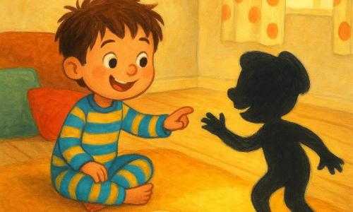 Un niño de 4 años de rostro redondo, pelo castaño despeinado y mirada traviesa, sonríe mientras, en pijama de rayas azul y amarillo, sentado sobre una manta mullida, estira la mano hacia su sombra: una silueta negra mate y algo difusa que hace una reverencia juguetona junto a un rayo de sol; cerca hay un plato con una galleta dorada ligeramente aplastada; la sala es cálida, con suelo de madera clara, cojines dispersos, luz dorada que entra por una ventana con cortinas de lunares y una escena en gouache de colores vibrantes, pinceladas visibles, contornos suaves y atmósfera tierna y divertida.