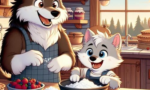 A little wolf named Wally, with soft, fluffy light gray fur and sparkling joyful eyes, is preparing a Father's Day celebration in his kitchen. He has a big smile on his face, his ears perked up with excitement, and he is covered in flour, making him even more adorable. Next to him, his dad, a tall and strong wolf with dark brown fur, watches his son with pride, a warm smile lighting up his face. He holds a plate of delicious berry pies, ready to enjoy them together. The kitchen is warm and inviting, with rustic wooden walls, shelves filled with colorful jars of jam, and a window letting in the golden light of the setting sun. The main scene shows Wally, full of enthusiasm, mixing juicy berries in a large bowl, while his dad admires his work, creating an atmosphere of happiness and family bonding.