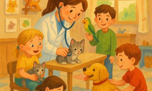 A smiling young female veterinarian with chestnut hair in a ponytail, wearing a slightly wrinkled white coat and a blue stethoscope, leans over to examine a kitten on a low table; a ~7-year-old girl (Emma) with blonde pigtails sits to the left, holding the kitten on her lap and watching in wonder; a ~6-year-old boy (Jake) in a red T‑shirt kneels to the right, petting a wagging golden retriever resting its head on his knees; a ~9-year-old boy (Tom) with brown hair stands behind the table, smiling as a green-and-yellow parrot perches near his hand; an ~8-year-old girl (Sophie) in a green dress crouches by a white rabbit in a wicker basket offering a carrot; the warm clinic has child drawings on the walls, a large window with soft light, pastel tiled floor, wooden shelves with jars and pet toys, and an animal health poster; the intimate, centered scene shows the vet gently examining the kitten while the children and their pets look on tenderly, soft colors and visible gouache textures.