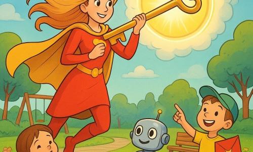 Uma super-heroína sorridente e determinada de cabelos longos dourados fecha um portal circular brilhante nas nuvens com uma grande chave dourada; um pequeno robô prateado repara um brinquedo na relva enquanto duas crianças (uma menina de ~6 com tranças e vestido azul, um menino de ~5 com boné verde e pipa) observam maravilhadas num parque ensolarado ao fim da tarde, atmosfera calorosa, cores vivas e formas suaves.