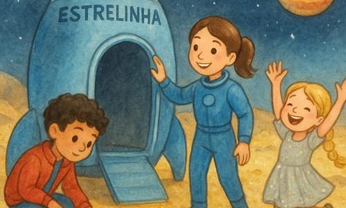 Clara, exploradora sorridente de cabelos castanhos presos em rabo de cavalo, veste um traje espacial azul brilhante e apoia a mão na porta aberta da sua pequena nave Estrelinha; João, um garoto de cerca de 8 anos, cabelos pretos encaracolados e jaqueta vermelha, observa uma pequena pedra dourada no chão, ligeiramente à esquerda de Clara; Ana, menina de cerca de 7 anos com cabelos loiros em tranças e vestido leve brilhante, pula de alegria à direita da nave com as mãos erguidas; local: praia lunar Lune Dourada, solo coberto de poeira dourada cintilante, pequenas colinas brilhantes, rochas com reflexos metálicos e um céu profundo com estrelas e um grande planeta colorido no horizonte; situação: os três acabaram de pousar, a nave azul repousa suavemente, Clara convida os amigos a explorar a superfície dourada, luz suave, cores quentes, atmosfera alegre e segura, estilo aquarela com contornos desfocados e textura granulada.