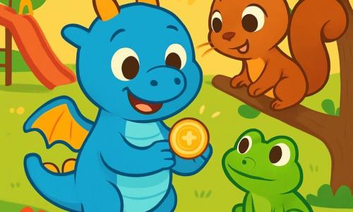 A small blue dragon named Bibble, with soft wings and a big joyful smile, stands at the center of the image, holding a shiny button between his tiny paws. Next to him, Mimi the little squirrel, with brown fur and sparkling curious eyes, climbs on a branch, eagerly looking at the button. Pip the frog, bright green and looking intrigued, stands on a stone near the dragon, ready to jump for a better view. The scene takes place in a sunny park filled with colorful flowers and lush trees, with a red slide and a wooden swing in the background. Bibble, Mimi, and Pip are investigating the mysterious sparkling button, surrounded by laughter and excitement, eager to discover to whom it belongs.