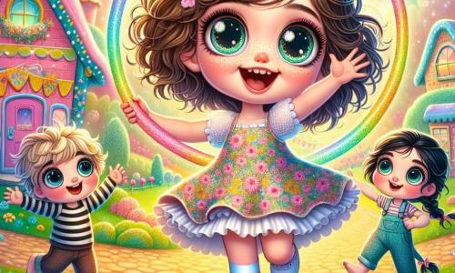 An 8-year-old girl named Lily stands at the center of the scene, with sparkling joyful eyes and curly brown hair cascading over her shoulders. She wears a colorful floral-patterned dress and has a big smile on her face as she holds up a huge hula-hoop, ready to create a giant bubble. Next to her, her 7-year-old friend Max, with messy blonde hair and a striped t-shirt, encourages her with raised arms, his eyes shining with excitement. A little further away, a 6-year-old girl named Emma, with braided black hair and wearing overalls, watches in wonder, holding a small soap bubble in her hand. The scene takes place in a colorful village with candy-colored houses in pastel shades, trees with shimmering leaves, and a blue sky dotted with fluffy clouds. The ground is covered in soft green grass, sprinkled with vibrant flowers that add to the magic of the environment. Focused and full of energy, Lily spins the hoop above her head, creating a giant bubble that majestically rises into the sky, while the spectators around her hold their breath, amazed by the beauty of the moment.