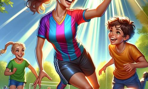 Giulia, una donna atletica con i capelli castani raccolti in una coda di cavallo, sorride gioiosamente mentre mostra ai bambini come dribblare un pallone da calcio. Indossa una maglietta colorata e pantaloni corti, e il suo sguardo è pieno di passione ed entusiasmo. Marco, un ragazzo di 8 anni con i capelli ricci e un grande sorriso, cerca di imitare Giulia, ma la palla gli sfugge e rotola verso un cespuglio. Sofia, una ragazza di 7 anni con i capelli biondi e trecce, applaude Marco mentre tiene un pallone da calcio sotto il braccio, pronta a giocare. La scena si svolge in un parco soleggiato, con grandi alberi verdi sullo sfondo e un campo di erba dove i bambini si divertono. I raggi di sole filtrano tra le foglie, creando un'atmosfera gioiosa e vivace. La situazione principale mostra Giulia che insegna ai bambini le basi del calcio, incoraggiandoli a divertirsi mentre imparano, con risate e sorrisi che illuminano i loro volti.