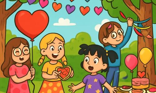 Ci sono 4 personaggi: Sofia, una ragazza di 9 anni con lunghi capelli castani e occhiali rotondi, indossa un vestito rosa con cuori e tiene un grande pallone a forma di cuore; Marta, una ragazza di 9 anni con capelli biondi e trecce, indossa una maglietta gialla e una gonna a pois, sorridendo con una scatola di biscotti a forma di cuore; Giulia, una ragazza di 9 anni con capelli castani e occhiali da sole in testa, indossa un maglione blu e jeans, sta decorando un albero con nastri colorati; Elisa, una ragazza di 9 anni con capelli neri e codini, arriva al parco con gli occhi spalancati, indossando un vestito viola con stelle. L'ambientazione è un parco soleggiato con alberi alti e foglie verdi brillanti, decorato con festoni di cuori colorati e tavoli pieni di dolci come torte e biscotti a forma di cuore. L'atmosfera è festosa e gioiosa. Le quattro amiche stanno celebrando la festa di San Valentino, accogliendo Elisa con sorrisi e mostrando la sorpresa che hanno preparato: una festa piena di decorazioni colorate, dolci e risate.