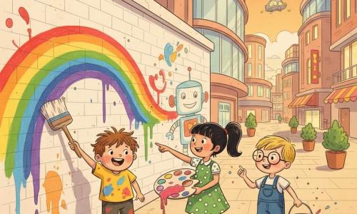 Drei Kinder: Leo, 5, rundes Gesicht, zerzaustes braunes Haar, gelbes mit Farbe beflecktes T‑Shirt, links und malt mit großem Pinsel einen breiten Regenbogen; Max, 5, kurze blonde Haare, runde Brille, blaue Latzhose, rechts und zeichnet einen fröhlichen Roboter in kräftigen Farben; Mia, 6, schwarzes Pferdeschwanzhaar, grünes gepunktetes Kleid, in der Mitte mit einem Eimer rosa Farbe und zeigt die Farbpalette. Ort: große helle Ziegelmauer auf dem Platz der Innenstadt, von goldenem Abendlicht beleuchtet, umgeben von futuristischen Glasfassaden, sauberen Gehwegen, leuchtenden Topfpflanzen und einigen schwebenden Autos im Hintergrund. Situation: die drei malen fröhlich eine bunte Freske mit leuchtenden Farbspritzern und Tropfen, warme, partizipative Stimmung, leicht vogelperspektivische Ansicht mit orangefarbenem Himmel.