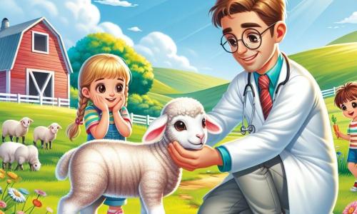 Een glimlachende en zorgzame mannelijke dierenarts, Daan, knielt in een groen weiland, draagt een witte labjas en een stethoscoop om zijn nek. Hij heeft bruin haar en ronde bril en onderzoekt aandachtig een lief lammetje met grote nieuwsgierige ogen dat voor hem staat. In de buurt kijkt een meisje van ongeveer 7 jaar, Emma, met gevlochten blond haar en een kleurrijke jurk, verwonderd toe met haar handen op haar wangen, terwijl een 8-jarige jongen, Sam, met kastanjebruin haar en een gestreept t-shirt, een wortel vasthoudt die hij aan het schaap wil geven. De locatie is een charmant boerderijweiland, met groene heuvels op de achtergrond, kleurrijke bloemen verspreid over het gras en een oude rode schuur ernaast, onder een blauwe lucht met witte wolken en stralende zon. De hoofdscène toont Daan die voor het lammetje zorgt, zachtjes met hem praat om hem gerust te stellen, terwijl Emma en Sam gefascineerd toekijken, klaar om te helpen en te leren over dierenverzorging.