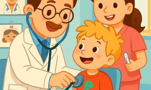 A smiling and kind man, Dr. Ben, wearing a white coat and a stethoscope around his neck, has brown hair and round glasses. He is listening to the heart of a joyful 6-year-old boy with messy blonde hair, who is wearing a red t-shirt with a dinosaur. The boy is sitting on a colorful chair, his eyes shining with excitement. The scene takes place in a bright and welcoming clinic with pastel blue walls and cartoon doctor posters. Colorful toys are scattered on the floor, and a large window lets in sunlight. Dr. Ben carefully examines the boy while a smiling nurse, about 30 years old with brown hair in a pink uniform, stands beside them holding a thermometer. The main situation shows Dr. Ben reassuring the boy, explaining that the health check is fun and important.