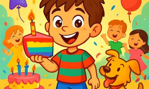 Un niño de 8 años, Lorenzo, con el cabello castaño despeinado y ojos brillantes de alegría, está en el centro de la escena con una gran sonrisa. Lleva una camiseta a rayas rojas y verdes, y pantalones cortos azules, sosteniendo un trozo de pastel colorido en su mano, con los ojos llenos de emoción. A su lado, su perro Zas, un pequeño perro de pelo dorado, salta alegremente, como si también quisiera un trozo de pastel. Al fondo, la sala de fiesta está decorada con guirnaldas de colores vivos, globos en forma de estrellas y una enorme tarta de varios pisos con velas brillantes. Lorenzo está rodeado de sus amigos, todos riendo y bailando, celebrando su mágico cumpleaños en un ambiente de ensueño.