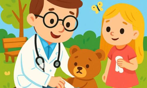 Un hombre, el doctor Paco, sonriente y bondadoso, lleva una bata blanca brillante y un estetoscopio alrededor del cuello. Tiene cabello castaño y gafas redondas que le dan un aire amistoso. Está agachado, cuidando de un pequeño oso de peluche, Tomás, que parece triste con un vendaje azul alrededor de su pata. A su lado, una niña pequeña, Ana, de 6 años, con cabello largo rubio y un vestido rosa, observa con curiosidad. Ella está de pie, con un pañuelo en la mano, y parece interesada en lo que hace el doctor. La escena tiene lugar en un parque soleado, lleno de flores coloridas y árboles verdes. Mariposas vuelan alrededor, y un banco de madera está cerca, añadiendo un toque cálido al entorno. El doctor Paco cuida a Tomás con ternura, colocándole un vendaje mientras le explica a Ana cómo cuidar de sus amigos. La atmósfera es alegre y llena de ternura.