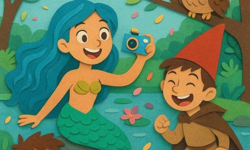 La sirena Miranda aparece alegre y maravillada con cabello azul ondulado, sosteniendo una pequeña cámara mágica sobre la laguna; el duende Lucas (≈8 años), travieso, con pelo alborotado y incipiente barba pelirroja, hace una mueca y salta sobre una piedra mientras pétalos coloridos giran a su alrededor; el gnomo Tomás (≈10 años) con capa marrón y gorra roja ríe y se inclina hacia la cámara delante de Miranda; la lechuza Óscar está posada en una rama baja con ojos redondos y plumas despeinadas; la laguna clara, espejo, rodeada de troncos musgosos, nenúfares, lianas floridas y piedras con musgo, con una lluvia suave de pétalos rosas, amarillos y violetas sobre el agua; escena principal: el grupo hace un selfie improvisado en la orilla, la foto sale borrosa y graciosa, estilo papel recortado, colores vivos, texturas de papel, sombras nítidas y contornos pegados.