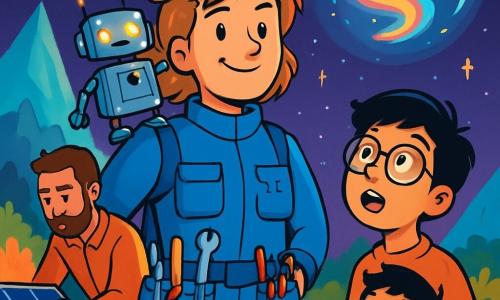 Een vrouw, Dr. Fenna van Dalen, staat in het midden van de afbeelding, met rommelig lichtbruin haar en een vastberaden glimlach. Ze draagt een blauwe ruimtepak met overvolle zakken vol gereedschap en houdt een klein robotje genaamd Pico op haar schouder, dat schittert met felle lichten. Aan haar rechterkant kijkt een jongen genaamd Jun, ongeveer 12 jaar oud met zwart haar en een bril, verwonderd naar een lichtanomalie in de lucht, zijn ogen vol nieuwsgierigheid. Links past Malik, een man van rond de dertig met een verzorgde baard, zonnepanelen aan, gefocust op zijn taak. De achtergrond toont een buitenaardse planeet met fonkelende kristalmountains en levendige bossen, onder een sterrenhemel waar een lichtanomalie draait en felle kleuren uitstraalt. De scène straalt een gevoel van avontuur en ontdekking uit terwijl het team samenwerkt om het mysterieuze fenomeen om hen heen te begrijpen.