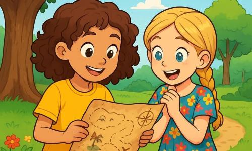 Een 10-jarig meisje, Lisa, met krullend kastanjebruin haar, draagt een felgele t-shirt en een spijkerbroekshort. Ze heeft een nieuwsgierige blik en een enthousiaste glimlach, terwijl ze een oude schatkaart in haar handen houdt, staande onder een grote eik. Naast haar staat haar beste vriendin Emma, ook 10 jaar oud, met gevlochten blond haar en een kleurrijke bloemenjurk, die de kaart met glinsterende ogen van opwinding bekijkt. Ze bevinden zich in een groene park, omringd door majestueuze bomen en kleurrijke bloemen, met een onverharde weg die door het gras kronkelt. De scène toont het moment waarop ze de schatkaart ontdekken, klaar om op avontuur te gaan, met een sfeer van mysterie en anticipatie.