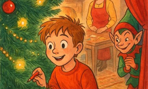 Een 10-jarige jongen met lichtbruin warrig haar en grote verwonderde ogen, glimlachend en licht verbaasd, houdt een klein rood potlood in de ene hand en beweegt met de andere de takken van een kerstboom; een ondeugende elf in groen-rood kostuum met puntmuts en guitige blik lacht verscholen achter een gordijn; op de achtergrond staat de moeder van ongeveer 35 jaar in een rood schort bij de eettafel, liefdevol en verrast kijkend; warme kersthuiskamer met tapijt, brandende open haard, dicht versierde kerstboom met gouden slingers en lichtjes, en verspreid papier en glitters; hoofdmoment: de jongen ontdekt dat zijn potlood met een glinsterende lint aan de boom vastzit terwijl het elfje giechelt — speelse, lichte en magische sfeer.