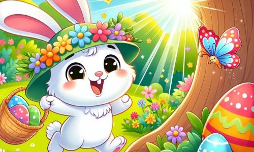 Ein kleiner Hase namens Hoppel mit weichem, weißem Fell, großen, hängenden Ohren und strahlenden Augen springt begeistert neben einem großen Baum. Er trägt einen bunten Hut mit Blumen und hält einen Korb voller bunter Ostereier. Neben ihm fliegt ein kleiner Schmetterling mit glänzenden, bunten Flügeln fröhlich umher und verleiht der Szene einen Hauch von Magie. Der Garten ist voller strahlender Blumen, üppigem Grün und Sonnenstrahlen, die alles erhellen und eine festliche, fröhliche Atmosphäre schaffen. Hoppel entdeckt ein riesiges rotes Ei, das hinter dem Baumstamm versteckt ist, umgeben von kleinen Eiern, die um ihn herumrollen, während er lächelnd staunt.