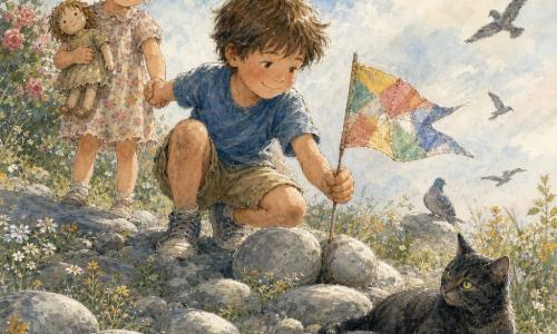 Un ragazzino di 8 anni, Tommaso, viso tondo e capelli castani spettinati, accovacciato con le ginocchia sporche e un’espressione gioiosa e fiera, pianta un piccolo bandierina di carta colorata tra due pietre in cima a una collina; accanto a lui la sorellina Viola di 4 anni, capelli castano chiaro in codini e vestitino a fiori un po’ stropicciato, lo guarda con meraviglia tenendogli la mano e stringendo una bambola consumata; un gatto tigrato nero, Nerone, dagli occhi verdi è sdraiato al sole vicino alla bandierina con la coda avvolta attorno a una pietra; la collina è fatta di pietre grigie e rotonde con piccole margherite gialle e bianche, qualche tortora e una siepe di rose sullo sfondo, cielo azzurro pallido con leggere nuvole e un filo di vento che gonfia il foglio, una scatoletta di latta arrugginita mezza nascosta tra i sassi suggerisce un tesoro scoperto, atmosfera dolce e trionfante, toni pastello e texture marcate di carta e pietra.