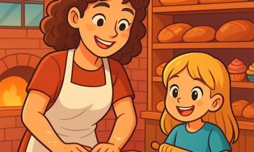 Una donna sorridente, di circa trent'anni, con capelli castani ricci e un grembiule bianco, sta impastando la pasta in una panetteria accogliente. I suoi occhi brillano di gioia ed eccitazione mentre lavora con passione, le sue mani infarinati si muovono in un ritmo vivace. Accanto a lei, una bambina di sei anni, con capelli biondi e occhi scintillanti, osserva con meraviglia. Tiene un piccolo matterello, pronta ad aiutare la mamma, e il suo viso è illuminato da un grande sorriso. La panetteria è un luogo accogliente, con muri in mattoni rossi, scaffali in legno pieni di pani dorati e dolci colorati, e una luce morbida che filtra attraverso le grandi finestre. La scena mostra la donna e sua figlia che condividono un momento di complicità, circondate dal profumo del pane fresco che cuoce nel forno, simboleggiando l'amore e la gioia di creare insieme.