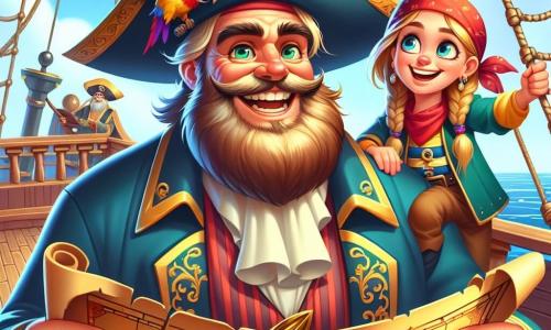 Der Hauptcharakter, Kapitän Klaus, ist ein fröhlicher Mann in den Vierzigern mit einem großen braunen Bart und einem breiten Lächeln. Er trägt einen großen Piratenhut mit einer bunten Feder und einen blauen Mantel mit goldenen Stickereien. Er hält eine alte Schatzkarte in der Hand, seine Augen leuchten vor Aufregung, während er auf dem Deck seines Schiffs steht. Neben ihm steht die kleine Piratin Leni, ein etwa 10-jähriges Mädchen mit langen, geflochtenen blonden Haaren und einem roten Bandana. Sie schaut mit Staunen auf die Karte, die Hände in die Hüften gestützt, voller Energie und Neugier. Ihr Freund, Piko, der bunte Papagei, sitzt auf Klaus' Schulter, seine leuchtend grünen und roten Federn heben sich vom blauen Himmel ab. Er zwitschert fröhlich und bringt eine fröhliche Note in die Szene. Der Ort ist das Deck des Schiffs "Aventurelust", mit bunten Segeln, die im Wind wehen, und glitzernden Wellen unter der Sonne. Im Hintergrund ist eine geheimnisvolle Insel mit Palmen und Bergen zu sehen. Die Hauptsituation zeigt Klaus und seine Freunde, die die Schatzkarte entdecken, bereit für das Abenteuer, umgeben von einer Atmosphäre aus Magie und Geheimnis, mit leuchtenden Sternen am Himmel und Möwen, die über ihnen fliegen.