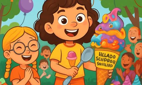 Una niña de 8 años, Clara, con cabello castaño rizado y ojos llenos de curiosidad, se encuentra en el centro de una escena vibrante. Lleva una camiseta amarilla con un dibujo de helado y zapatillas rosas, mostrando una gran sonrisa de emoción y determinación. A su lado, su mejor amiga, Marta, también de 8 años, con cabello rubio trenzado y gafas redondas, aplaude con entusiasmo, sus ojos brillan de apoyo. El concurso se lleva a cabo en un parque soleado, decorado con globos coloridos y mesas llenas de helados de colores vivos. Niños y adultos ríen y se maravillan a su alrededor, creando una atmósfera alegre y festiva. Clara se prepara para probar un enorme cono de 