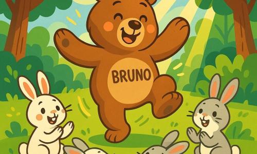 Un orso di peluche di nome Bruno, con un morbido pelaggio marrone e occhi brillanti di gioia, danza felicemente in una radura soleggiata. Ha un grande sorriso sul viso e le zampe sollevate in un movimento di danza. Intorno a lui, una famiglia di coniglietti dai pelaggi bianchi e grigi, con lunghe orecchie e occhi curiosi, lo osserva con meraviglia. I conigli, seduti sull'erba verde, applaudono e sorridono, affascinati dalla performance di Bruno. La scena si svolge in una foresta incantata, con alberi maestosi dalle foglie verdi, fiori colorati sparsi sul terreno e raggi di sole che filtrano tra i rami, creando un'atmosfera magica. Bruno, l'orso, danza con entusiasmo, circondato dai suoi amici animali, celebrando la gioia e l'amicizia in un'atmosfera festosa e calorosa.