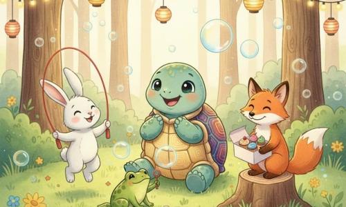 Una tortuga llamada Tula, alegre y sonriente con caparazón brillante de motivos coloridos, sentada aplaudiendo; un conejo blanco llamado Rizo, entusiasmado con largas orejas, sujetando una cuerda para saltar roja a la izquierda; una rana verde llamada Rita, traviesa, soplando grandes burbujas con una varita delante; un zorro pelirrojo llamado Zacarías, contento, sentado en un tocón a la derecha con una caja abierta de pequeños pasteles; todo en un claro soleado del bosque con césped y flores, guirnaldas y farolillos colgando y un sendero de piedras, celebrando una fiesta alegre con risas, burbujas flotantes y migas de pastel.