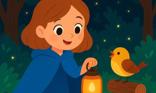 A woman named Lily, in her thirties, wears a bright blue cloak and has a gentle smile on her face. Her eyes shine with wonder as she holds a small lamp emitting a warm light. Next to her, a colorful little bird, a young sparrow, joyfully sings on a log, its yellow and brown feathers shimmering in the lamp's glow. The scene takes place in an enchanted forest, where majestic trees with thick trunks and vibrant green leaves rise around them. Fireflies dance in the air, creating a magical atmosphere, while a small pond reflects the starlight. Lily leans toward the pond, fascinated by a sparkling droplet forming a circle on the surface, looking like a little treasure ready to reveal its secret.