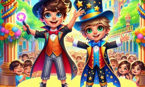 Ci sono due personaggi principali: 

1. **Luca** (ragazzo, 10 anni): Un giovane con capelli castani disordinati e occhi brillanti di malizia. Indossa un costume da mago colorato, con un mantello rosso e un cappello a cilindro nero, e si trova al centro del palco, con le braccia aperte e un grande sorriso, pronto a meravigliare il pubblico.

2. **Marco** (ragazzo, 10 anni): Il suo migliore amico, con capelli castani e occhiali rotondi che gli danno un'aria intelligente. Indossa anche lui un costume da mago, blu con stelle dorate. È leggermente in disparte, con una grande bacchetta magica, concentrato e un po' nervoso.

La scena si svolge in un parco soleggiato di Coloropoli, pieno di fiori colorati e alberi verdi. Sullo sfondo, un grande cartello annuncia il "Grande Concorso di Talenti", decorato con palloncini e festoni. Bambini e adulti sono radunati attorno a loro, ridendo e applaudendo, creando un'atmosfera gioiosa e festosa.

La situazione principale mostra Luca e Marco sul palco, mentre tentano di eseguire un numero di magia. Luca compie un gesto teatrale, mentre Marco, con un'aria determinata, cerca di far apparire un grande pallone che si è arrampicato su un albero. La folla è affascinata, ridendo e applaudendo, mentre il sole splende sopra di loro, aggiungendo alla magia del momento.