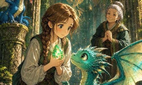 Nora, giovane e magra, viso dolce, grandi occhi luminosi, capelli castano chiaro in treccia, timida ma determinata, tiene sul petto un cristallo verde luminoso che emette una calda luce; un piccolo drago giovanile turchese con scaglie iridescenti e occhi tondi pieni di speranza, ali semidisposte, è all’altezza delle ginocchia di Nora e guarda il cristallo come se ritrovasse un ricordo; un drago guardiano blu, più piccolo e vivace, è appollaiato su una colonna di pietra a sinistra, osserva con curiosità e lingua fuori; la nonna contadina (~70 anni), capelli grigi raccolti, saggia, sta sullo sfondo sorridendo e con le mani giunte; sala centrale di un antico santuario dei draghi con volta di pietra scolpita, colonne massicce coperte di muschio, luce filtrata in raggi verdi e dorati e polvere d’oro sospesa; momento tenero e eroico in cui Nora offre il cristallo al giovane drago, atmosfera calda, colori ricchi (smeraldo, turchese, ocra) e dettagli testurizzati (scaglie, pietra consumata, treccia).