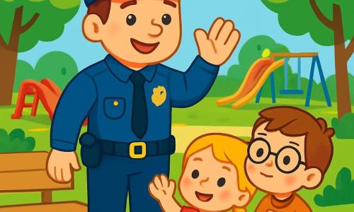Een glimlachende en zelfverzekerde mannelijke politieagent in een mooi blauw uniform met bijpassende pet staat op een stoep en steekt zijn hand op om kinderen te groeten. Twee kinderen zijn aanwezig: een 5-jarig meisje met blonde vlechten dat glimlacht en haar hand zwaait, en een 6-jarig jongetje met een bril en kastanjebruin haar dat de politieagent bewonderend aankijkt. Ze staan dicht bij een bank in een zonnig park, vol groene bomen, kleurrijke bloemen en speeltoestellen. Op de achtergrond zijn een glijbaan en schommels te zien. De situatie toont de politieagent die vrolijk met de kinderen omgaat en hen laat zien hoe hij de gemeenschap helpt, wat een vriendelijke en veilige sfeer creëert.
