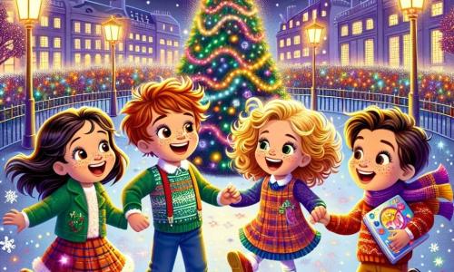 In un parco illuminato da luci scintillanti, quattro bambini si tengono in cerchio, i loro volti raggianti di gioia. Luca, un ragazzo di cinque anni con i capelli castani disordinati e un grande sorriso, alza le braccia in aria, entusiasta. Alla sua destra, Sara, una ragazza con riccioli dorati e occhi brillanti, guarda Luca con ammirazione. Marco, un ragazzo con capelli castani e lentiggini, salta sul posto ridendo di cuore. Infine, Giulia, una ragazza con capelli lisci e neri, tiene un piccolo quaderno colorato in mano, pronta a scrivere le loro risoluzioni. Il parco è decorato con luci multicolori che brillano nella notte, e un grande albero di Natale si erge al centro, circondato da fiocchi di neve scintillanti. Le stelle brillano nel cielo scuro, aggiungendo un tocco magico alla scena. I bambini, pieni di eccitazione, discutono delle loro risoluzioni per il nuovo anno, ognuno condividendo i propri sogni mentre guardano verso l'albero dove intendono nascondere i loro desideri.