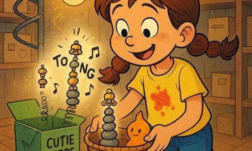 O fată de 8 ani, entuziastă și curioasă, față rotundă cu obraji roz, părul șaten în două cozi împletite, poartă tricou galben pătat de gem și pantaloni scurți din denim; ține delicat un coșuleț din nuiele cu un mini-turn format din șapte pietricele stivuite, iar o coroniță de clopoței stă pe vârf în timp ce zâmbește uimită. Pe o treaptă e un pietricel portocaliu personificat, sclipind ușor lângă coș. O cutie verde de carton e deschisă pe podeaua debaraului, cu etichete scrise de mână și câteva arcuri și note muzicale ce se ridică în spirală. Locul e un debara luminos și primitor, podea din scânduri, rafturi pline de cutii, o lampă suspendată cu lumină caldă, pulbere aurie în volute și un covor colorat; o scară metalică în spirală iese din cutie și urcă în afara cadrului. Scena principală: fetița a așezat mini-turnul pe o masă rotundă, coronița de clopoței se așază blând pe vârf, iar note muzicale și „TONG” plutesc în jur, sugerând o scenă veselă, absurdă și muzicală în care obiectele se comportă ca prieteni; culori vii, linii clare, expresii exagerate dar blânde, compoziție centrată și ușoară perspectivă de sus.
