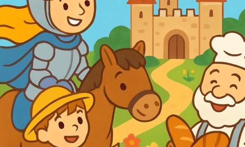 A smiling knightess, wearing a soft blue cape and shiny armor, stands proudly on a calm horse. She has long golden hair flowing in the wind, and her eyes sparkle with joy. Beside her, an 8-year-old boy wearing a straw hat and holding a map gazes in wonder at the landscape. An old baker, with a white beard and apron, carries a basket of fresh bread and smiles warmly. The scene takes place in front of a large stone castle perched on a hill, with colorful flags fluttering at the top. Colorful flowers and lush trees line the path to the castle. The knightess and her friends are heading towards the castle door, ready for a magical adventure, filled with laughter and dreams in their eyes.