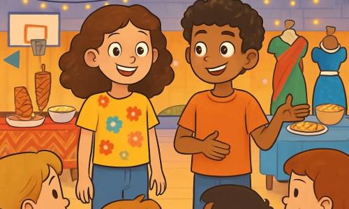 A 12-year-old girl, Lila, with curly brown hair and sparkling curious eyes, stands at the center of a vibrant scene. She wears a colorful t-shirt with a floral pattern and jeans, displaying a warm and determined smile. Next to her is Samir, a 12-year-old boy with black curly hair, caramel skin, and a confident gaze, sharing his story with a group of children. They are surrounded by colorful decorations representing different cultures, with flags, traditional clothing, and typical dishes. The venue is a large gym filled with twinkling lights and decorated tables, where children laugh and exchange stories. The main situation shows Lila and Samir standing together, celebrating diversity and friendship, while their peers listen attentively, creating an atmosphere of joy and inclusion.