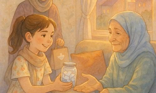 A smiling, determined 12-year-old girl, Mina, in a simple neat floral dress and discreet scarf with brown hair in a ponytail, holds a small glass jar of papers and looks at her elderly grandmother with affection; the grandmother, about 75, with a gentle wrinkled face and pastel headscarf, sits on a cozy sofa by a window reaching toward Mina with a tender smile; Aunt Salma, about 40, with short hair under a veil, stands slightly back with a pharmacy paper bag watching warmly; the small bright urban living room has soft wallpaper, colorful cushions, a tray of dates and tea cups on a wooden coffee table and a window overlooking roofs at dusk; Mina visited to check on her grandmother during Ramadan — a calm, comforting reunion in golden evening light centered on their joined hands and the jar of promises.