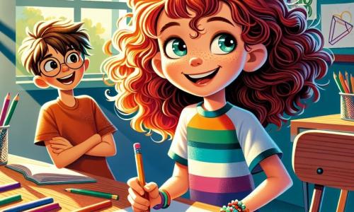 In a sunny corner of a colorful classroom, a 9-year-old girl named Molly, with curly red hair and sparkling eyes, is sitting at a wooden table. She looks focused and happy, smiling widely as she draws numbers and shapes on a piece of paper. Her colored pencils are scattered around her, and she wears a multicolored striped t-shirt. Next to her, her best friend Leo, a 9-year-old boy with messy brown hair and round glasses, leans over an open book. He smiles at Molly, his eyes shining with excitement. Leo wears a blue t-shirt and shorts, holding a pencil in his hand, ready to help. The classroom is decorated with children's drawings on the walls, math posters, and bright colors that create a warm and welcoming atmosphere. A large window lets in sunlight, illuminating the children's faces. Molly and Leo are creating a math board game, turning numbers into adventure characters. They laugh and share ideas, surrounded by sheets of paper and pencils, eager to bring their project to life.