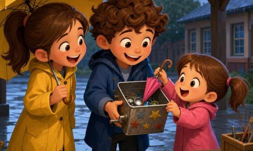 An 8-year-old boy with curly chestnut hair, freckles, a wide smile and bright eyes holds a metal box decorated with star stickers that jingles with bottle caps inside, joyful and leaning forward; to his left Pippa, about 8, with brown hair in a ponytail and a yellow raincoat laughs while holding a large yellow umbrella; in front of them little Lily, about 4, with pigtails and a pink coat amazes as she places her mini-umbrella into the box for the first time; they stand under a dark-wood school shelter in light rain on wet tiled ground with small puddles beside a craft table with scattered buttons, springs and gears—a warm, softly lit scene celebrating a jingling music-box umbrella holder, centered on the three children.