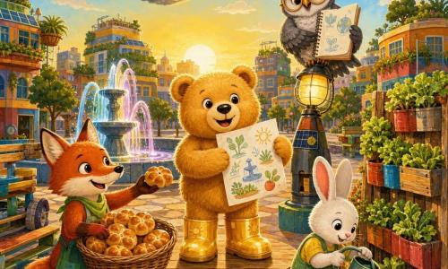 Ursulino, um grande urso de pelúcia dourado de pelo sedoso e olhos redondos curiosos, sorrindo sobre um pequeno palco de madeira, com botas solares brilhantes e segurando uma folha com desenhos; Rita, uma raposa ruiva de cauda fofa, alegre, à esquerda do palco oferecendo uma cesta de pãezinhos de mel; Coelito, um pequeno coelho branco de orelhas grandes, concentrado e sorridente, ajoelhado à direita regando alfaces numa jardineira vertical com um regador verde; Corujito, uma coruja cinza de óculos redondos, sábia e sorridente, empoleirada numa lâmpada reciclada atrás do palco mostrando um caderno de ideias; a praça urbana tem bancos reciclados, fonte central que muda de cor, calçadas com minijardins suspensos, prédios com telhados-jardim e veículos solares flutuantes sob um pôr do sol dourado, ambiente colaborativo, quente e colorido.